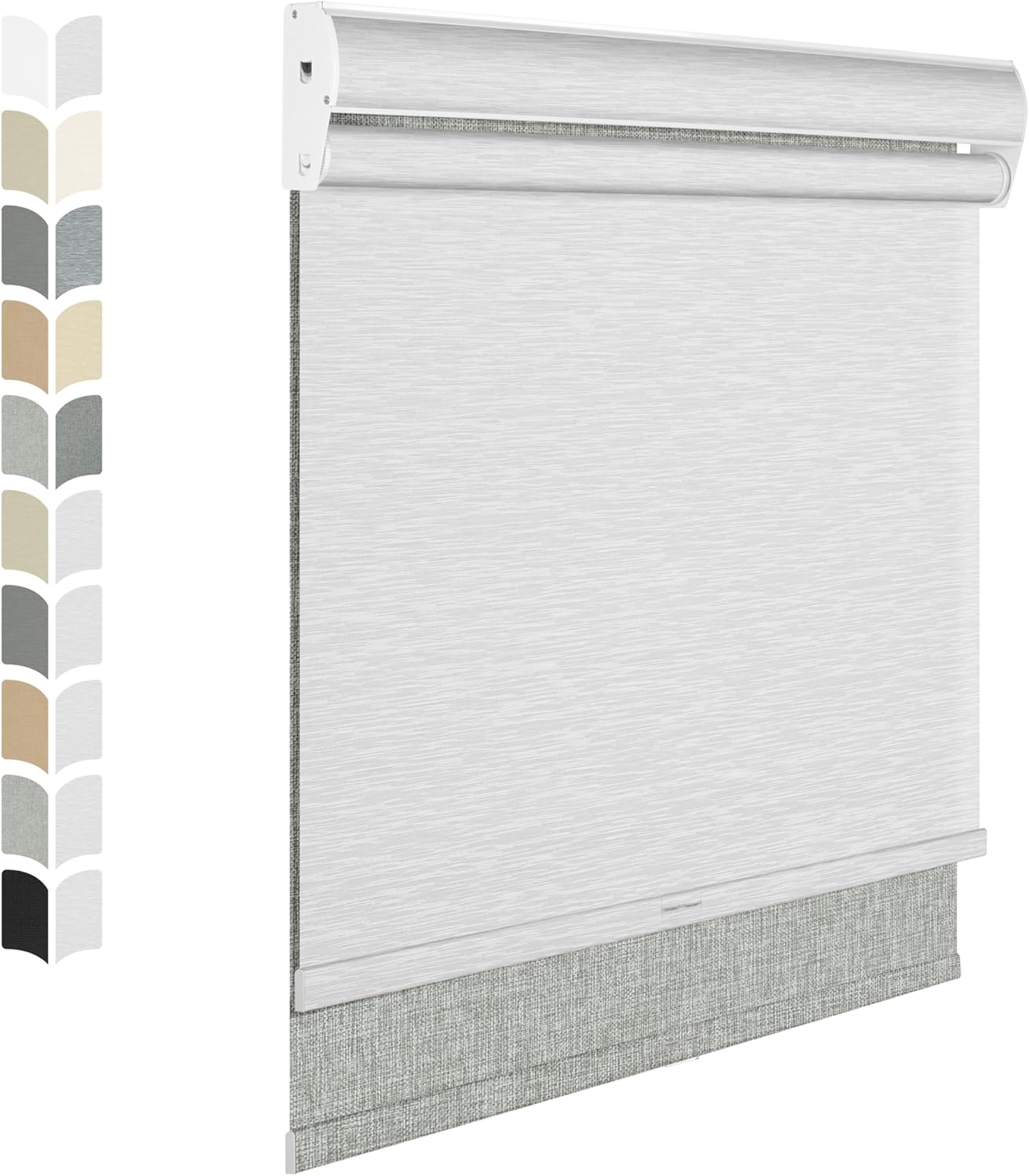 BERISSA Cordless Dual Roller Shades with Cassette Valance, Double Window Shades - Blackout and Light Filtering, Day and Night for Home Office Door. Linen Grey and White. 55 W x 44" H