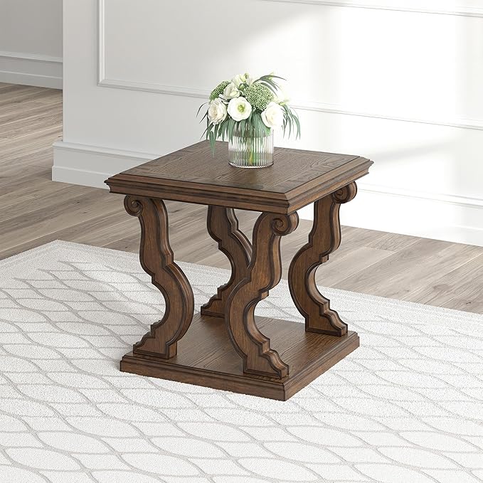 Signature Design by Ashley Maylee Classic End Table with Open Shelf and Scroll Legs, Dark Brown