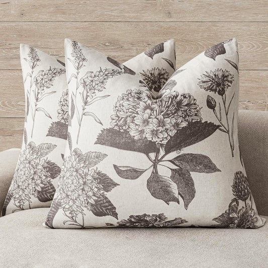 Foindtower Set of 2 Linen Floral Throw Pillow Covers Vintage Accent Print Decorative Cushion Covers Farmhouse Boho Home Decor for Sofa Chair Couch Bedroom Living Room Outdoor,22×22 Inch,Light Gray