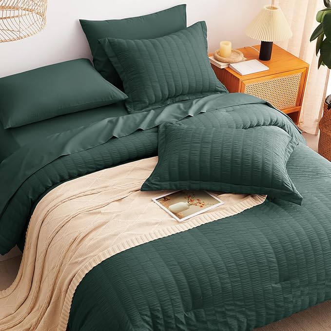 CozyLux Twin Comforter Set with Sheets 5 Pieces, Forest Green Seersucker Textured Bed in a Bag, Luxury Soft Bedding Set with Down Alternative Comforter, Sheets, Pillowcases & Shams for All Seasons