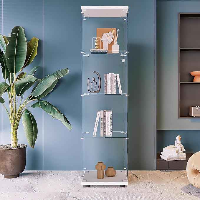 Beauty4U Glass Display Cabinet with 4 Shelves, Curio Cabinets for Living Room, Bedroom, Office, White Floor Standing Glass Bookshelf, Quick Installation