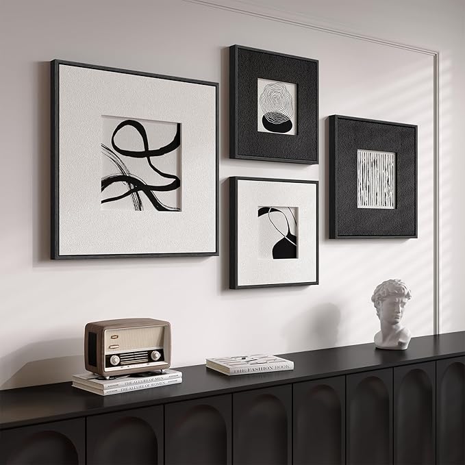 Framed 3D Textured Black and White Abstract Wall Art for Living Room, 4 Piece Modern Paintings Artwork for Walls, Black White Minimalist Pictures for Bedroom Dining Room Hallway Home Office Wall Decor