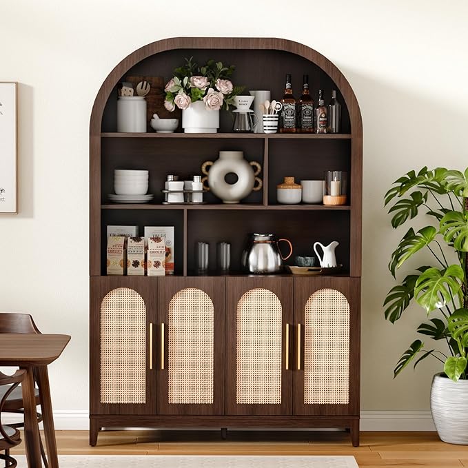 71" Arched Tall Wood Storage Cabinet - 5-Tier Rattan Door Pantry Organizer with Divider Shelf & Gold Handles, Versatile Bookcase for Living Room & Kitchen, Dark Brown