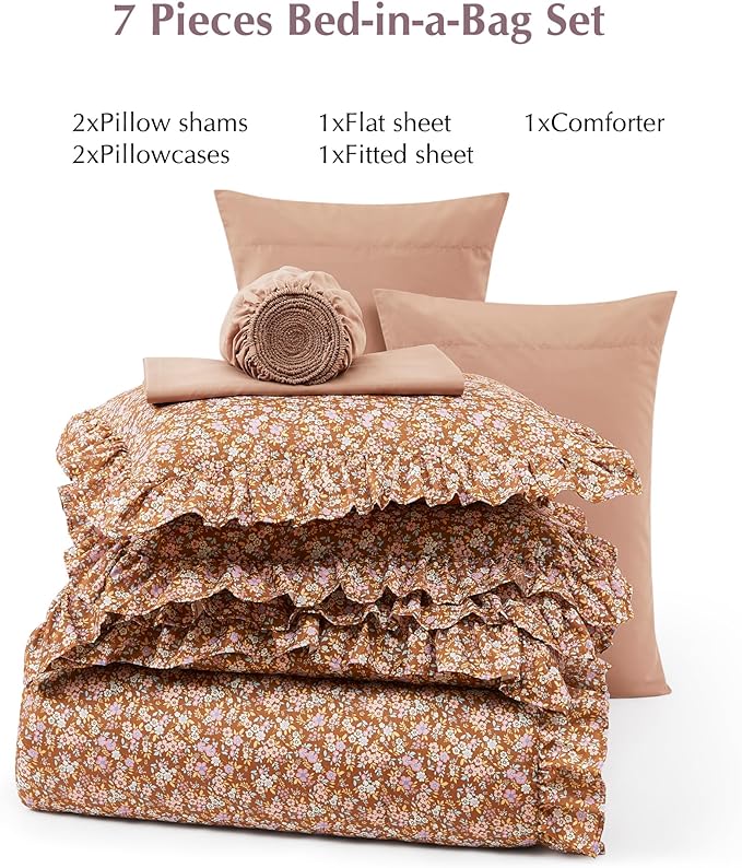 King Comforter Set - 7 Pieces Ruffle Brown Bedding Sets, Shabby Chic Farmhouse Bed in a Bag with Ruffle Comforter, Sheets, Pillowcases & Shams