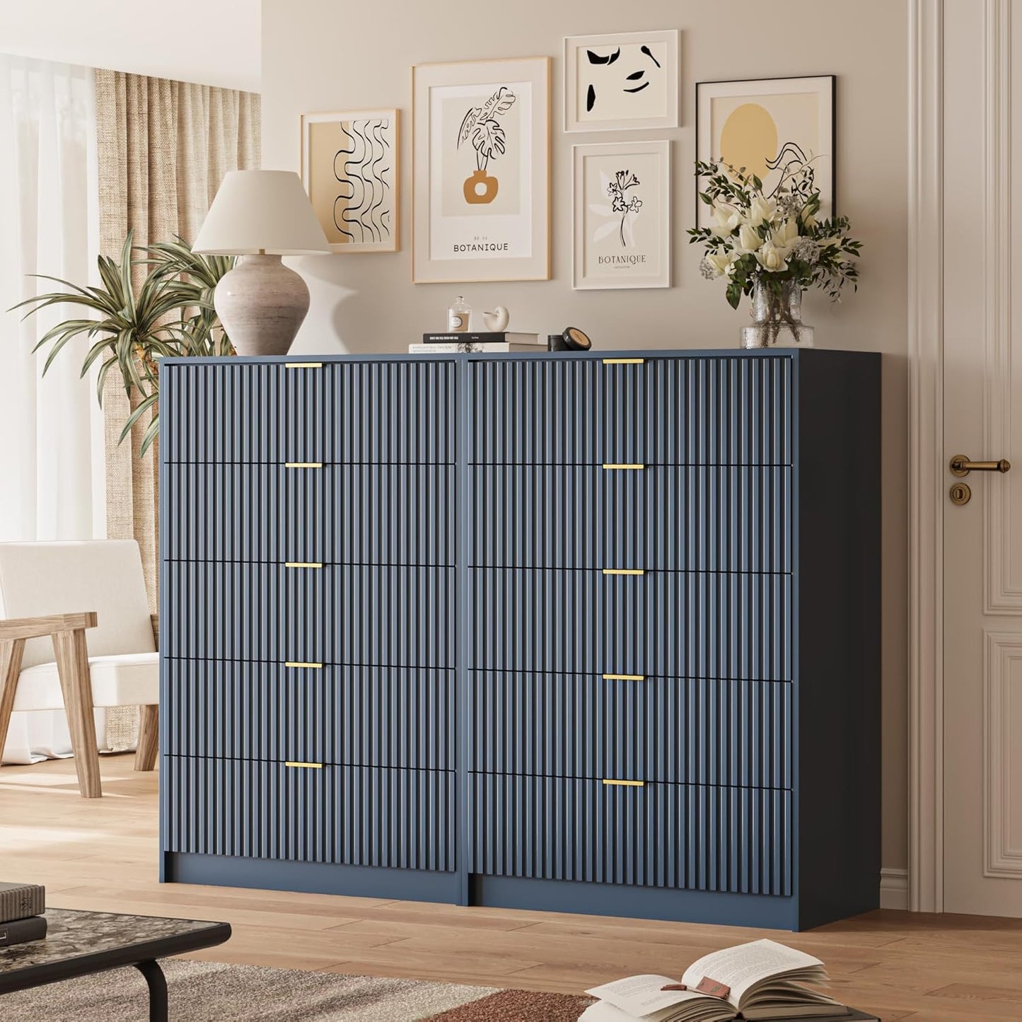 5 Drawer Dresser for Bedroom, Tall Dresser Chest of Drawers with Gold Handles, 32 Inch Wide Nightstand with for Bedroom, Living Rooms, Offices, and Entryways, Navy Blue