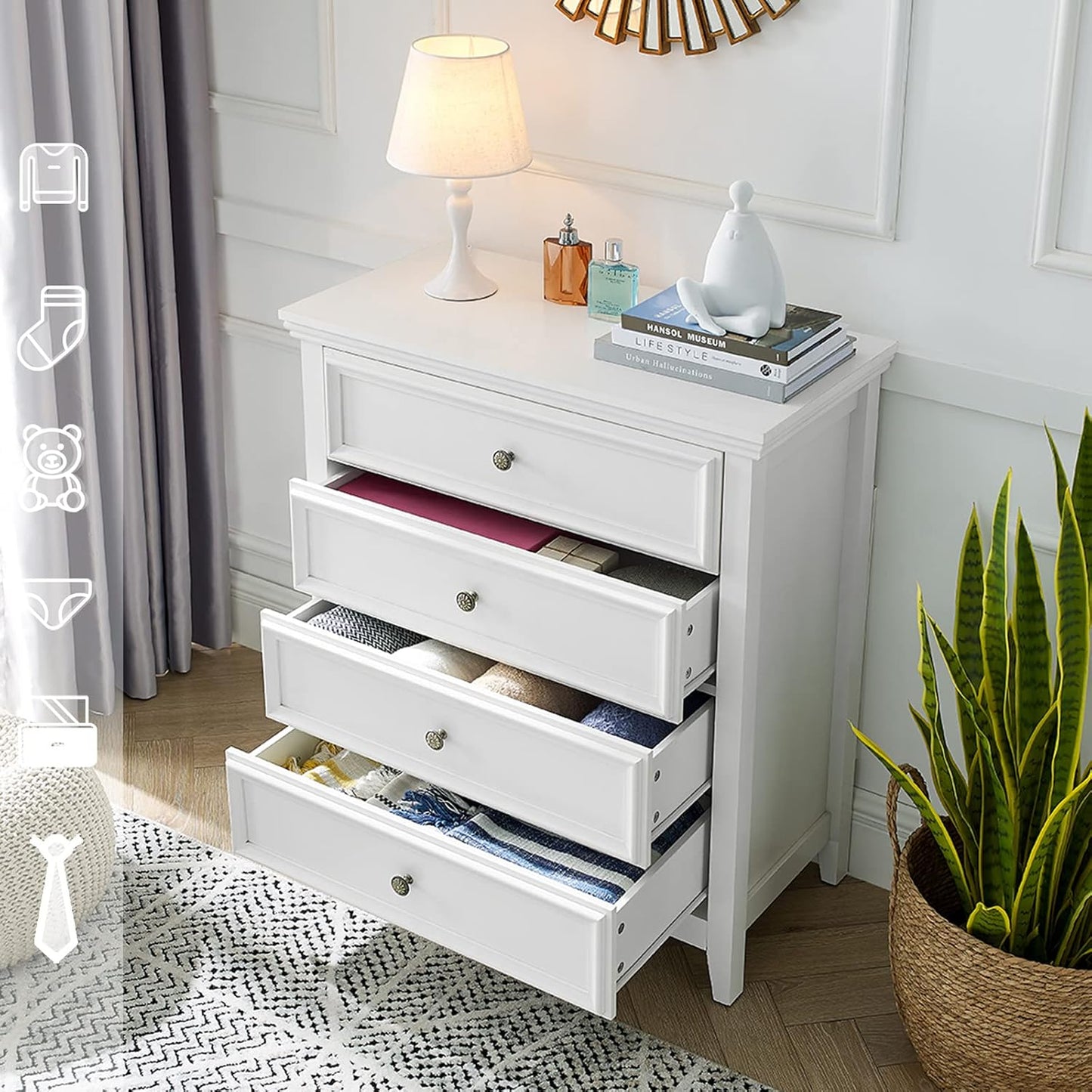 BLANKSPACE White Dresser for Bedroom, 4 Chest of Drawers Modern Wood Nightstand, Tall Clothes Organizer Cabinet for Guest Room, Living Room, Closets, Hallway, Bedroom