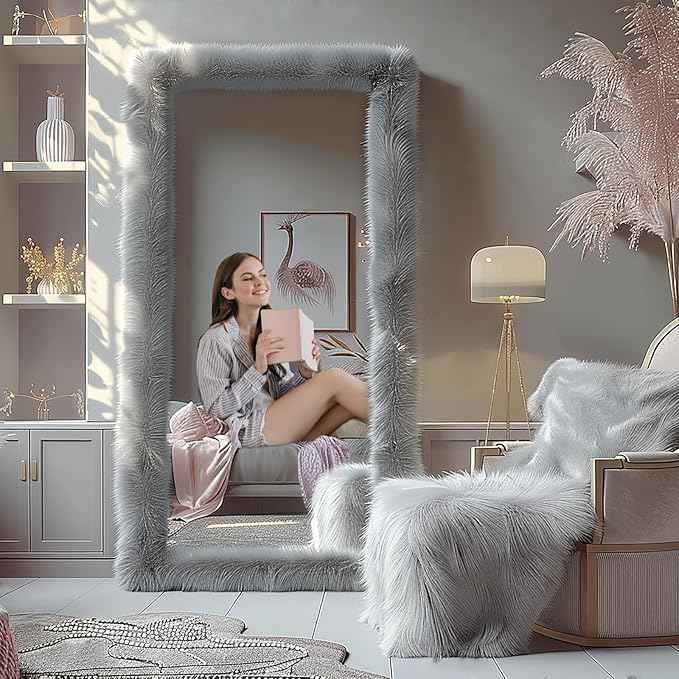 Full Length Mirror Free Standing Furry Faux Fur Framed Full Body Floor Mirror Wall Mounted Leaning Hanging Wall for Bedroom Hallway Entrance, 63"x24", Gray
