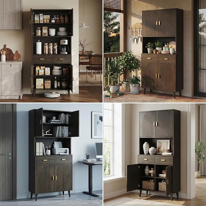 LIKIMIO 71.6" Tall Walnut Mid-Century Hutch Cabinet with Storage- 3 Adjustable Shelves, 2 Drawers, Multi-Room Pantry