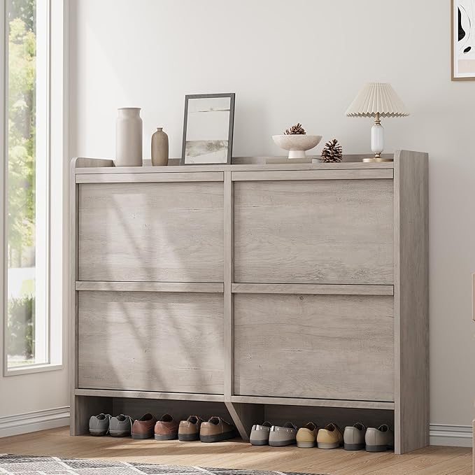 GarveeHome Shoe Cabinet with 4 Flip Drawers, Wooden Shoe Organizer Cabinet with Adjustable Shelf, Shoe Storage for Entryway, Hidden Shoe Cabinet for Hallway, Living Room, Grey