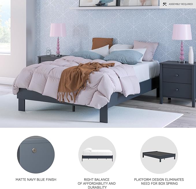 Signature Design by Ashley Simmenfort Vintage Full Platform Bed with Metal Slats, No Box Spring Needed, Blue