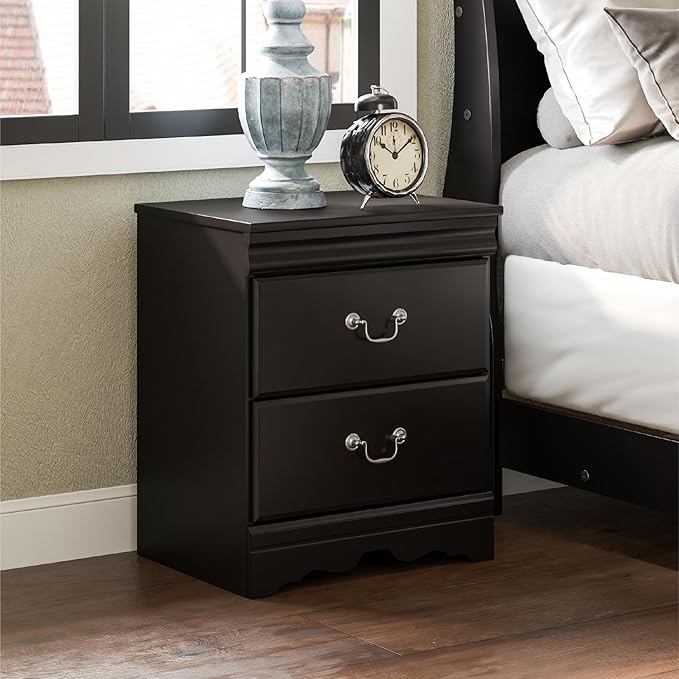 Signature Design by Ashley Huey Vineyard Traditional 2 Drawer Nightstand, Louis Phillippe Styling, Pewter Colored Handles, Shapely Mouldings, Smooth Operating Drawers, 24.45" Tall, Black