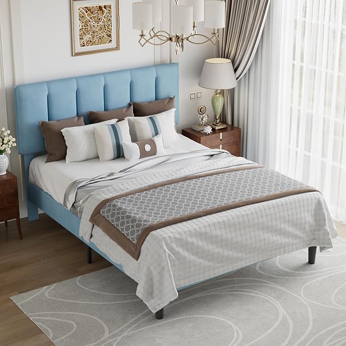 VECELO Queen Size Bed Frame with Upholstered Headboard, Heavy-Duty Bedframe with Wooden Slats & Steel Framework, Easy Assembly, Light Blue