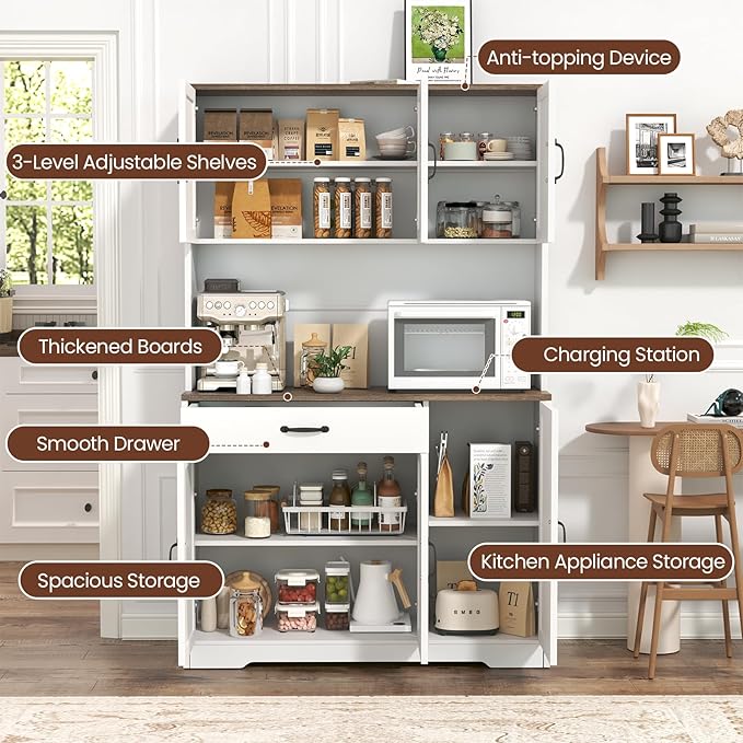 71" Pantry Cabinet with Charging Station, Large Capacity Kitchen Hutch Storage Cabinet, Kitchen Cabinet with Microwave Stand, Storage Drawers & Adjustable Shelves for Dining Room, White