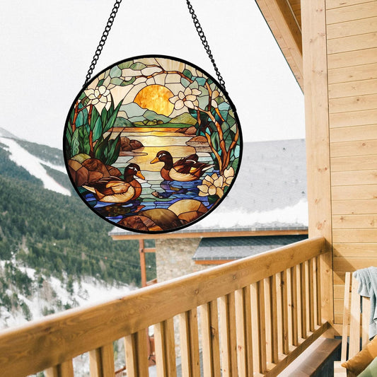 Stained Glass Window Hanging, Ducks in The Pond Sun Catcher for Door Home Decor Landscape Plant Suncatcher Christmas Mother's Day Birthday Gifts for Women Men Mom Nana 7.8 in