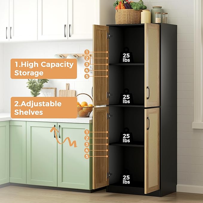 JASIWAY Kitchen Pantry Cabinet, 67" Tall Rattan Storage Cabinet with Doors and Adjustable Shelves, Wooden Linen Pantry Cupboard for Small Spaces Laundry Room Bathroom, Food Snack Towels Storage, Black