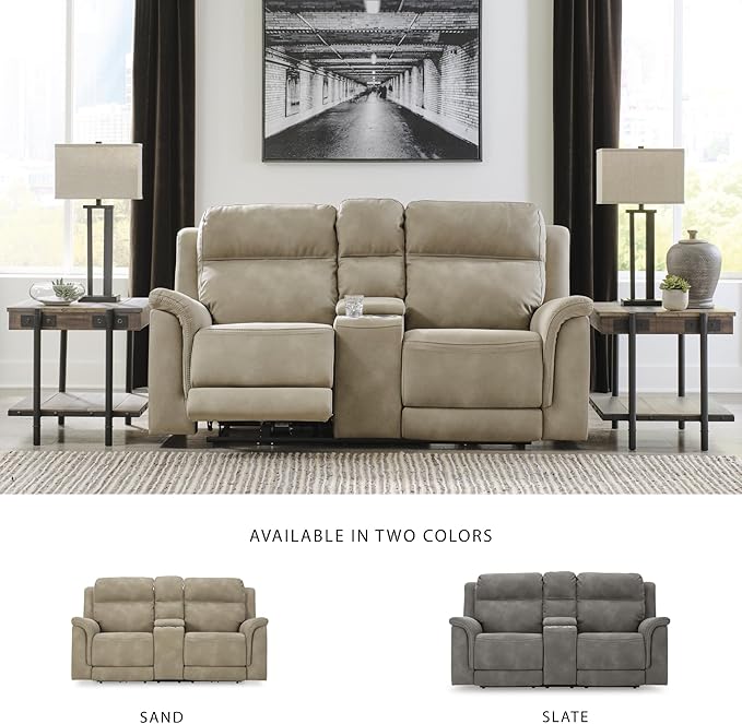Signature Design by Ashley Next-Gen DuraPella Power Reclining Loveseat with Center Console and Adjustable Headrest, Beige