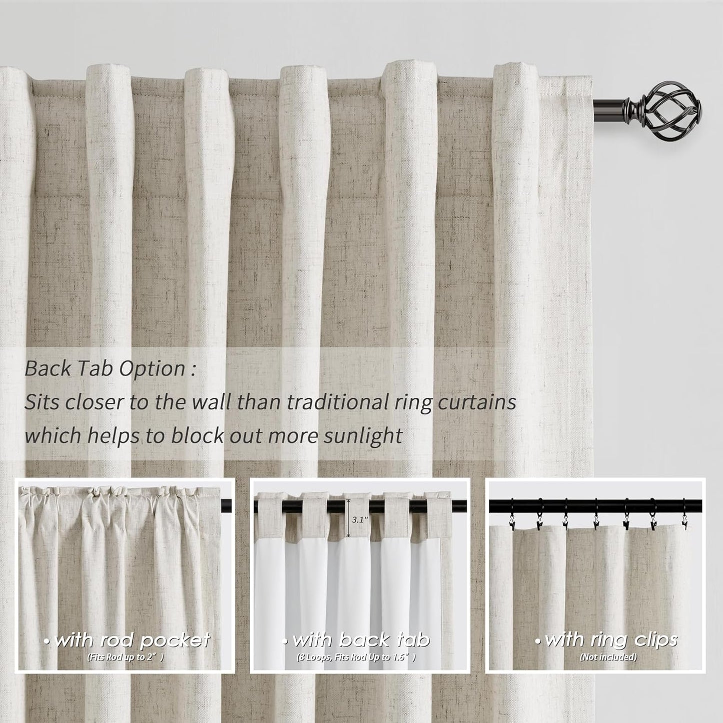 Natural Linen 100% Blackout Curtains for Bedroom 102 Inch Long 2 Panels Window Curtain Floor To Ceiling Length for Living Room Sliding Glass Door Back Tab Cream Linen Room Darkening Drapes 52x102