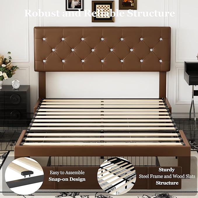 VECELO Full Size Bed Frame with 3 Storage Drawers, Leather Upholstered with Diamond Tufted Headboard, Solid Wood Slat Support, No Box Spring Needed, PU & Brown