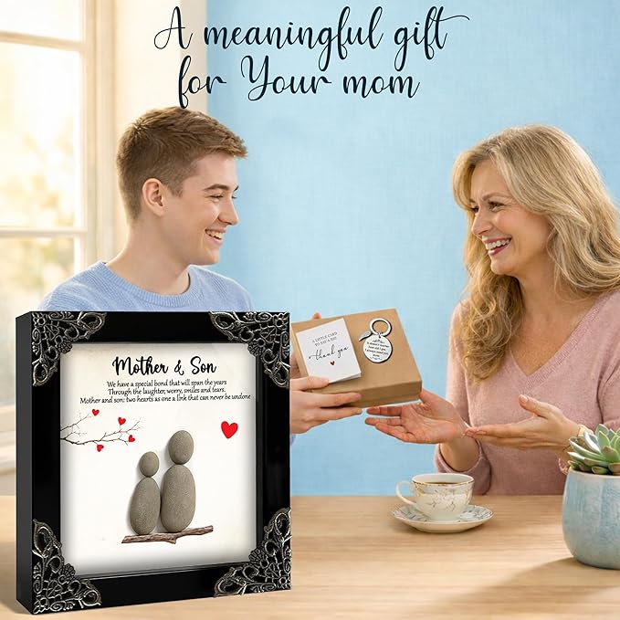 Mom Birthday Gifts from Son, 5.5" Pebble Art Frame Mother and Son Plaque, Mother Engraved Keychain for Women, Thank You Card, Best Mom Ever Gifts, Valentines Day Mothers Day Present S16-55