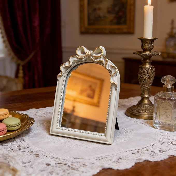 Vintage Carved Resin Desk Mirror - 8x6Inch Decorative Vanity Mirror for Makeup, Dorm, Bedroom & Tabletop Deco