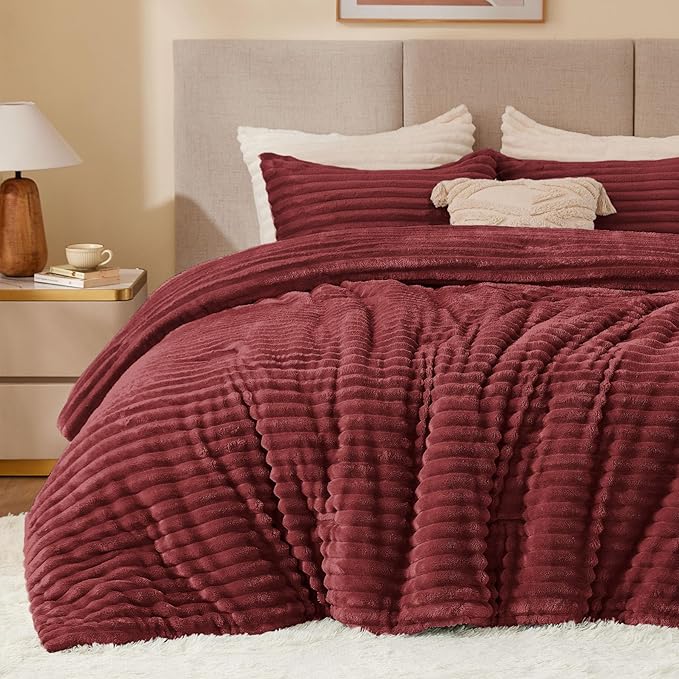 BEDELITE Fleece Twin Comforter Set -Super Soft & Warm Fluffy Burgundy Bedding, Luxury Fuzzy Heavy Bed Set for Winter with 1 Pillow case