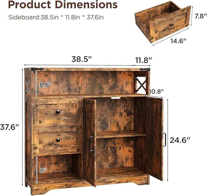 Vabches Farmhouse Buffet Sideboard Cabinet with Drawers and Open Shelf, 38.5" Storage Cabinet with Adjustable Shelves and Door, Modern Coffee Bar Hutch Pantry for Kitchen, Living Room, Entryway, Brown