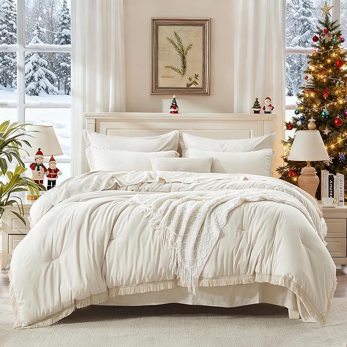 Andency Beige Comforter Set Full Size with Sheets -7 Pieces Boho Tassel Bed in a Bag Soft Lightweight Bedding Sets, All Season Fringe Bed Set with Comforter, Sheets, Pillowcases & Shams