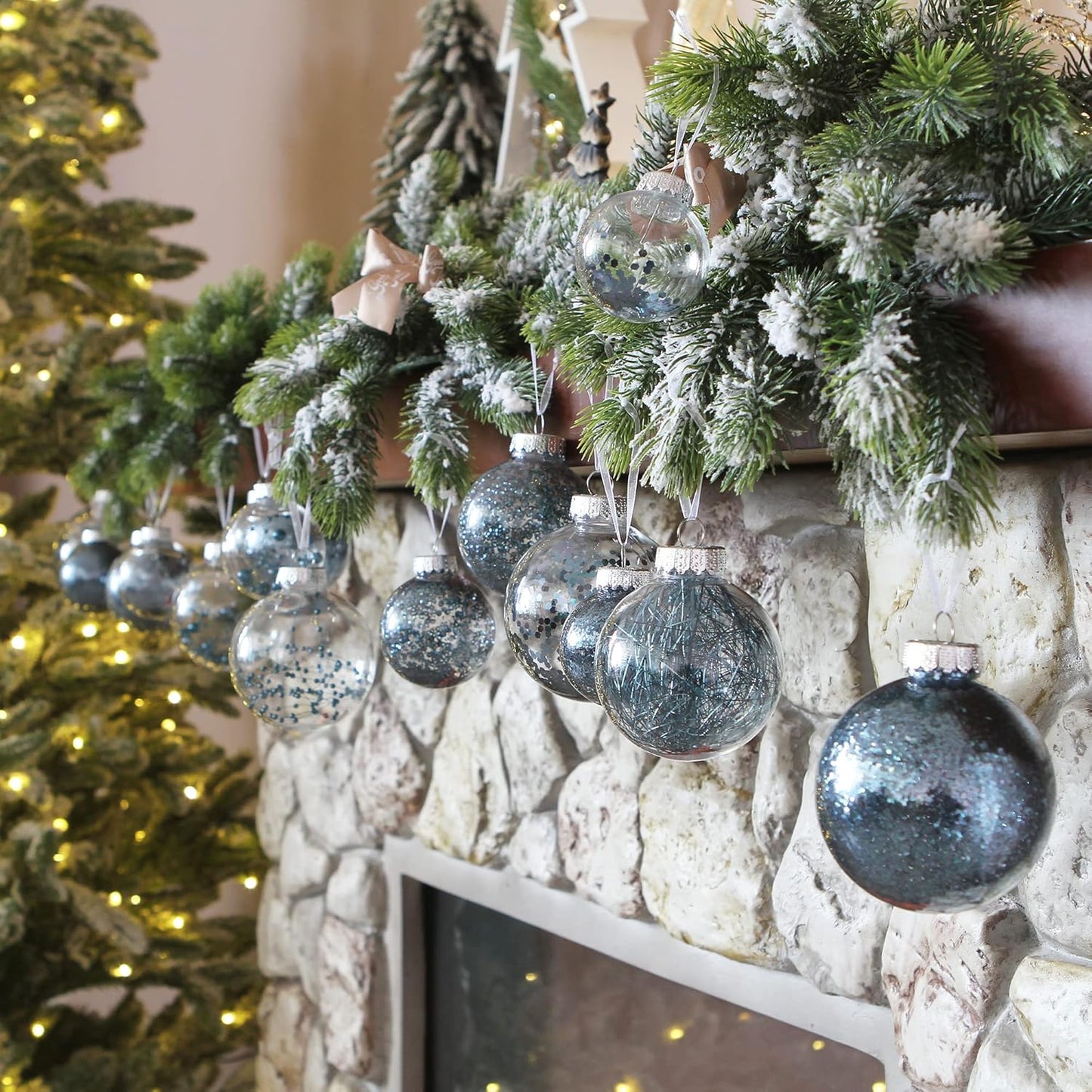 Sea Team Multi-Size Shatterproof Clear Plastic Christmas Tree Ball Ornaments Set, Decorative Hanging Transparent Xmas Baubles with Stuffed Delicate Decorations (25 Counts, Stone Blue)