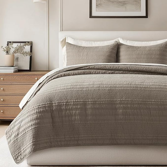 EVERGRACEHOME 100% Cotton Modern Lines Quilt Set Queen Size, Pre-Washed Soft Striped Coverlet Bedspread, 3 Piece Lightweight Bedding Set for All Season, with 2 Pillow Shams, Stone Taupe