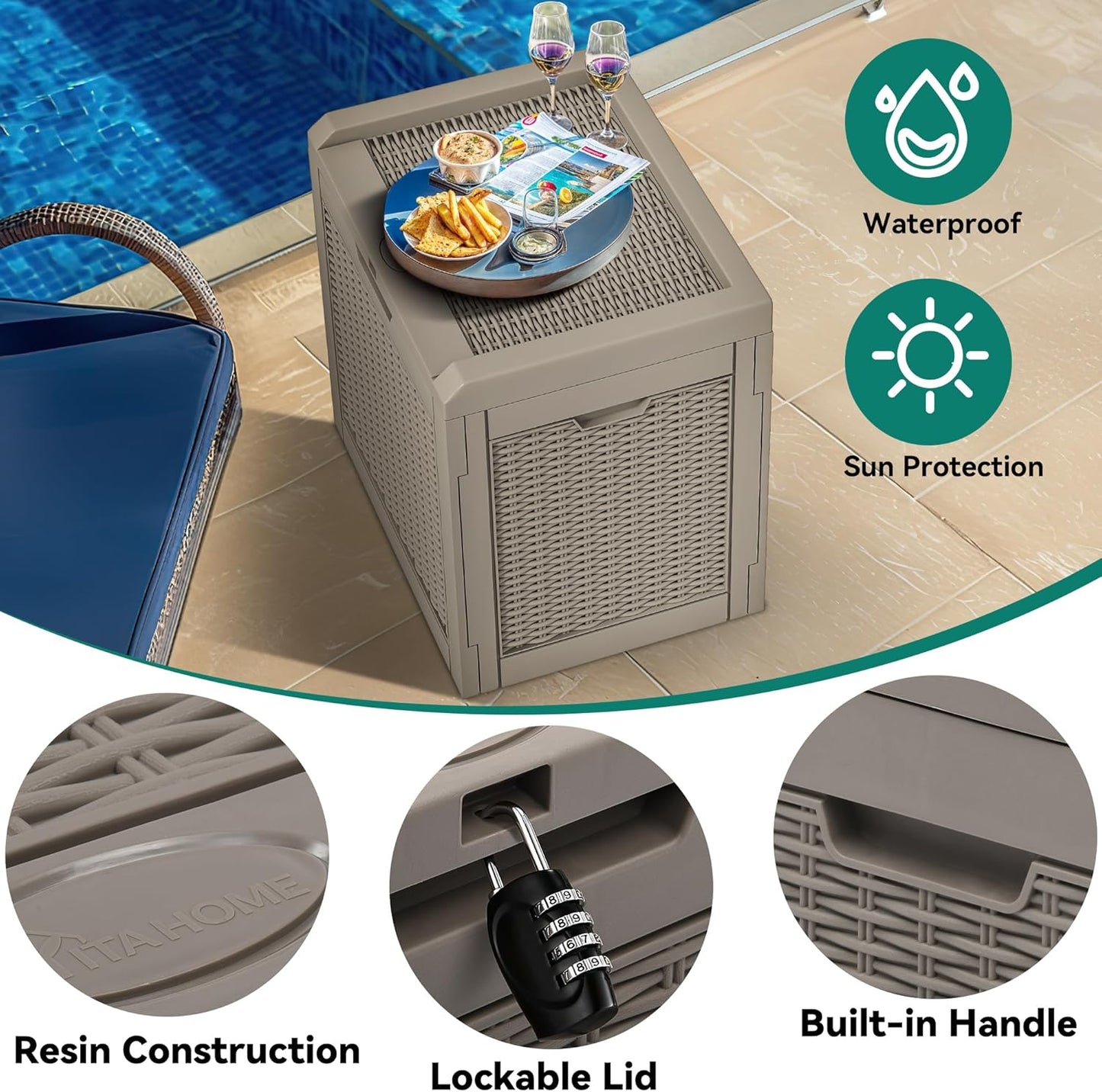 YITAHOME 32 Gallon Outdoor Storage Box, Water Resistant Resin Deck Box, Indoor Outdoor Lockable Storage Container for Patio, Garden, Cushions, Tools, Equipment(Brown)