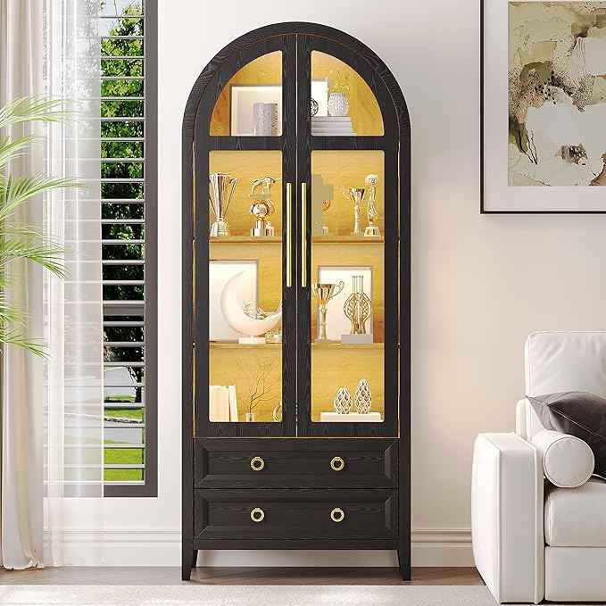 Arched Curio Cabinet with Glass Doors, 4-Tier Display Cabinet with 2 Drawers, Tall Bookcase with 3 Color Lights, Display Case, Kitchen Pantry, Black+Wood