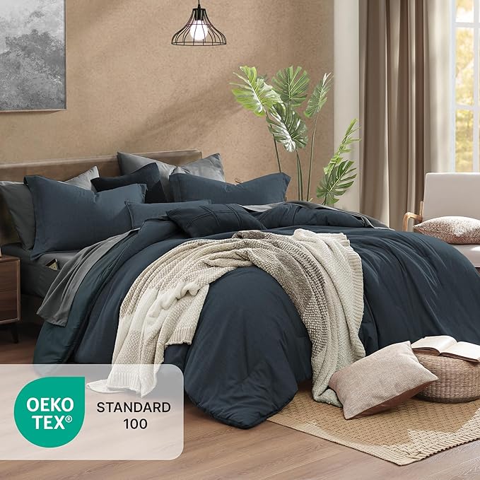 Monbix California King Comforter Set - 7 Pieces Cationic Dyeing Navy Blue Bed in a Bag Cal King Bedding Sets with Comforter, Sheets, Pillowcases & Shams, Reversible Bedding Comforters Sets