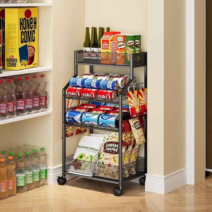Can Organizer for Pantry - Rolling Snack Cart, Multi-Layer Soda Can Organizer for Pantry, Mobile Beverage Storage Rack with Wheels, Versatile Metal Shelf for Kitchen and Office, Black