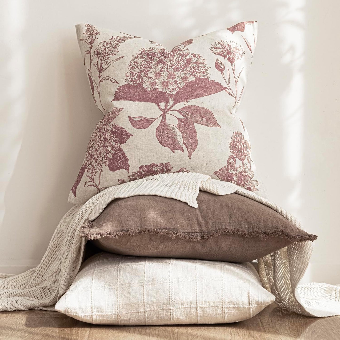 Foindtower Set of 2 Linen Floral Vintage Throw Pillow Covers Neutral Accent Print Decorative Cushion Covers Farmhouse Home Decor for Sofa Chair Couch Bedroom Living Room Outdoor,22×22 Inch,Dark Pink