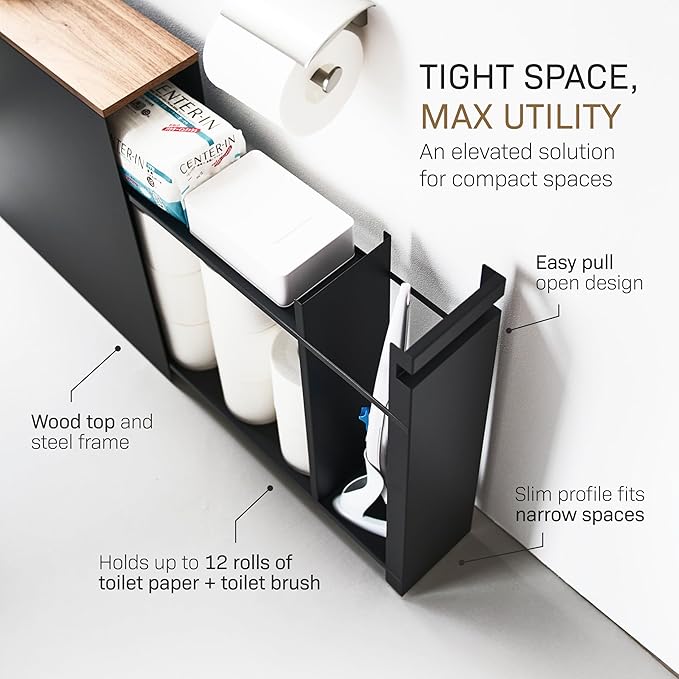 Yamazaki Home Pull-Out Bathroom Storage Cabinet – Slim Bathroom Storage Cabinet with Wood Top, Steel Organizer for Toilet Paper and Cleaning Supplies, Modern Space-Saving Design, Black - Steel + Wood