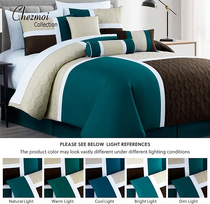Chezmoi Collection Upland 7-Piece Quilted Patchwork Comforter Set, Teal/Beige/Brown, King
