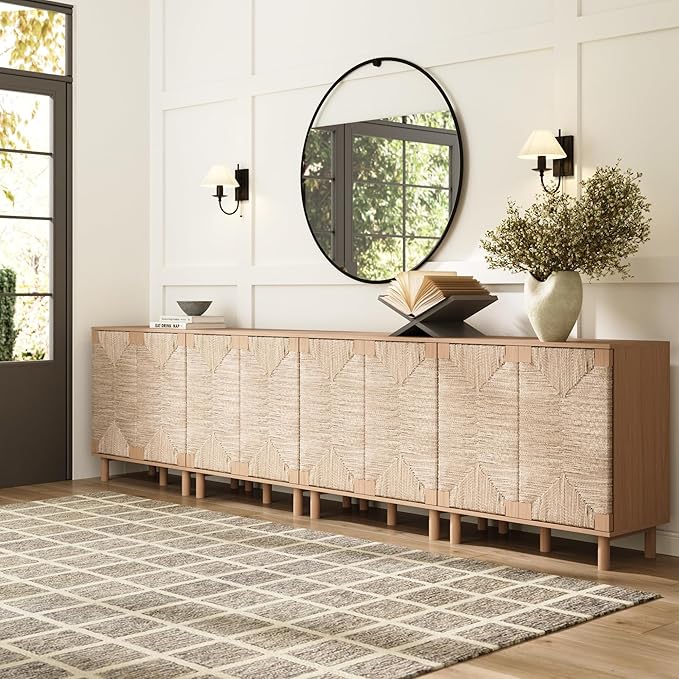 Nathan James Beacon Boho TV Stand, Free Standing Kitchen Cabinet Storage with Adjustable Interior Shelf and Seagrass Accent, Seagrass/Raw Oak, Set of 4