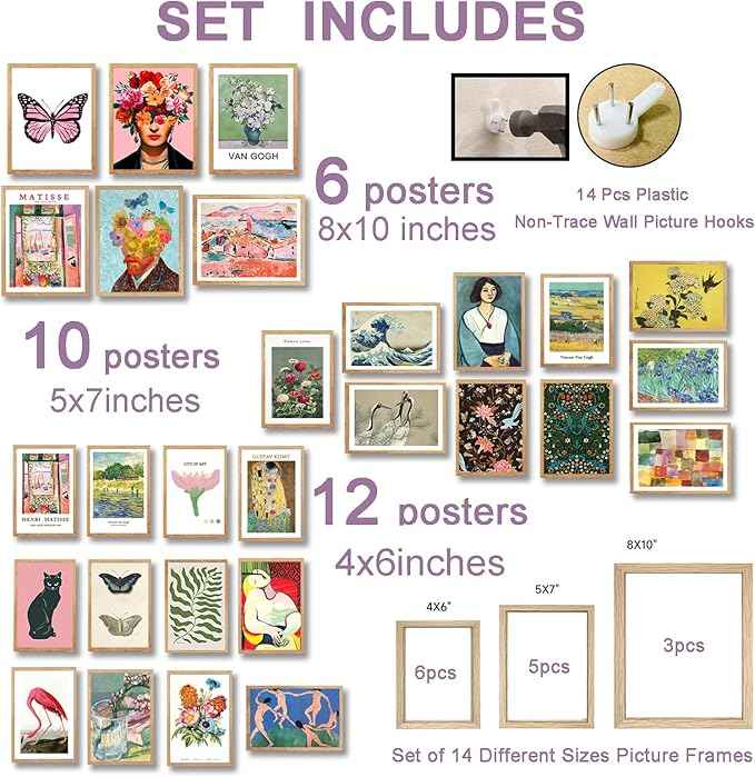 Vintage Eclectic Wall Art, Colorful Bohemian Gallery Wall Art, Retro Maximalist Decor Aesthetic, Funky Eclectic Gallery Wall Art Prints for Bedroom, Famous Artist Painting Pictures (with Beige Frame)