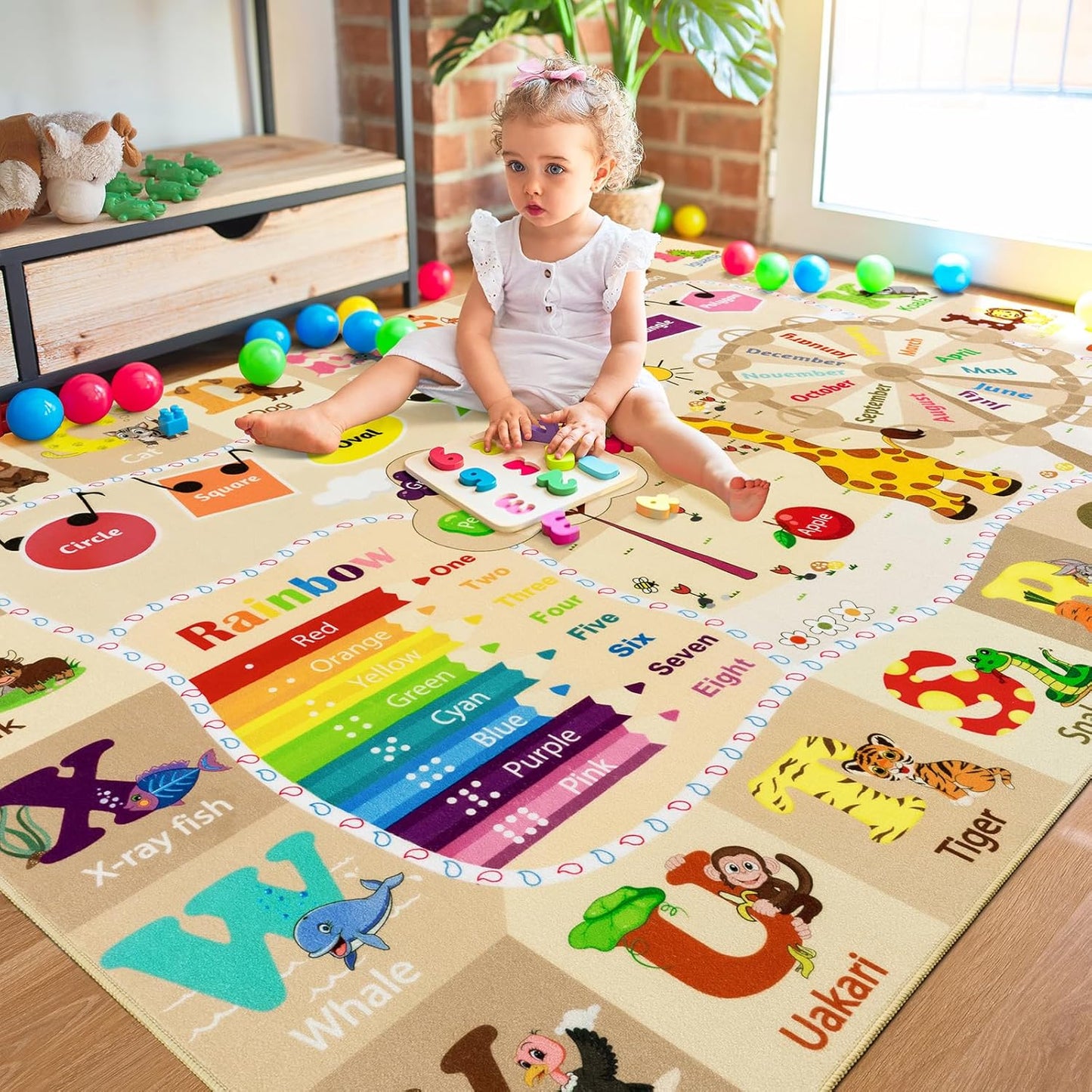 6x9 Playroom Rugs for Kids Washable, Educational and Fun Playmat with ABC Alphabet Animals Shapes Colors, Non-Slip Play Mat Learning Rugs for Baby Toddler Children Game Activity，Beige, Pink
