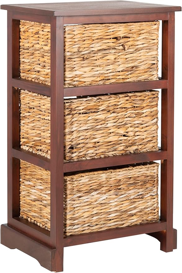 SAFAVIEH Home Collection – Halle Cherry Storage Side Table with Wicker Baskets, Farmhouse Accent Storage, Fully Assembled (AMH5738C)