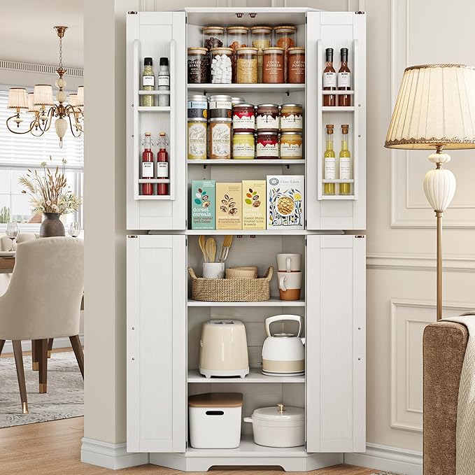 IRONCK Corner Cabinet, 72" Kitchen Pantry Cabinet, 6-Tier Freestanding Farmhouse Pantry with 2 Adjustable Shelves, 240°Swivel Doors, 2 Doors Storage, Spacious Hutch for Kitchen, Living Room, White