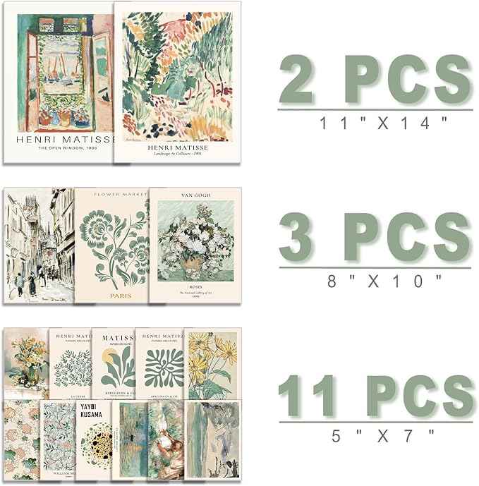 16 PCS Sage Green Wall Art Decor, Matisse Wall Prints for Bedroom, Abstract Posters for Room Aesthetic, Wall Collage Kit Pictures for Living Room, Eclectic Boho Vintage Dorm Gallery Home Decor