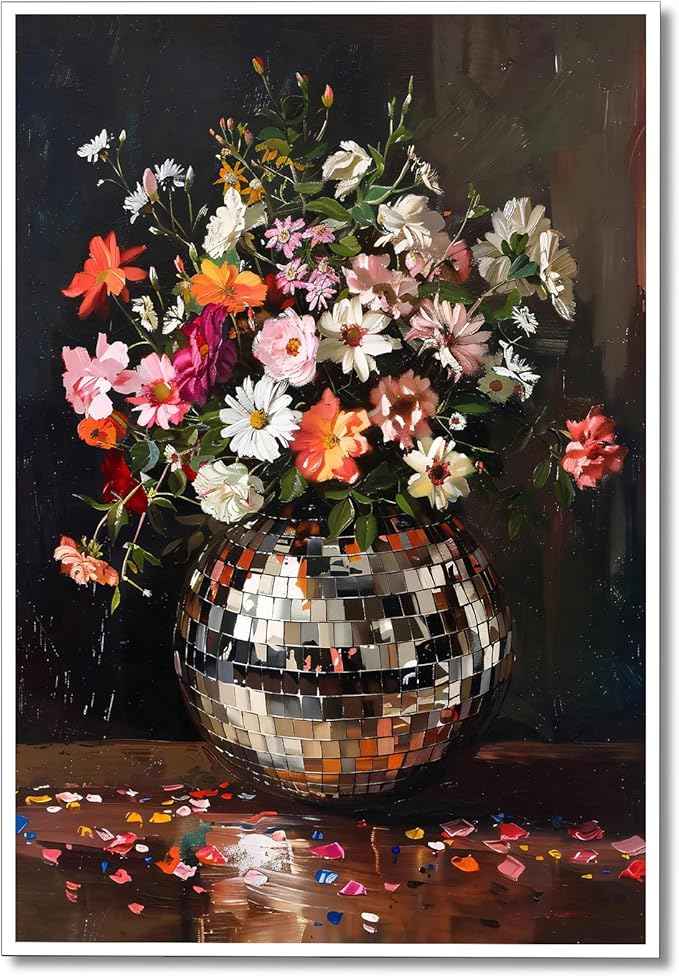 Colorful Moody Florals Disco Ball Wall Art, Maximalist Funky Wildflowers Bouquet Disco Ball Canvas Poster, Retro Cottagecore Flower Prints Paiting, Vintage Eclectic Wall Decor 16x24in Unframed