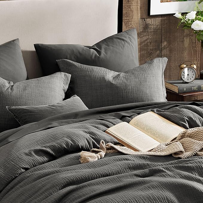 Geniospin Queen Comforter Set - 7 Pieces Comforter Queen Size, Solid Bedding Set for All Season, Textured Bed in a Bag with Flat Sheet and Fitted Sheet, Pillowcases and Shams (Grey, 90''x90'')