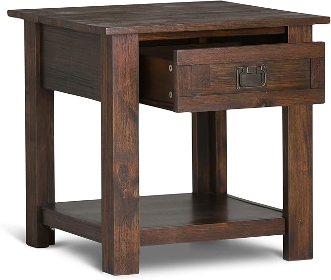 SIMPLIHOME Monroe End Table - 22 inch Wide Solid Acacia Wood Side Table in Distressed Charcoal Brown, Rustic Accent Table for Living Room or Bedroom with Drawer and Shelf