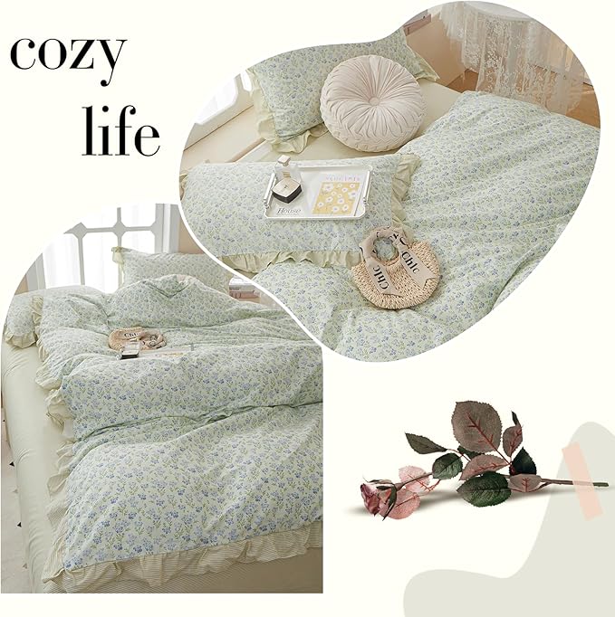 Green Floral Ruffle Comforter Set Queen Girls Cute Blue Flowers Comforter Fluffy Soft Cottagecore Bedding Set Vintage Botanical Comforter with 2 Pillowcases Romantic Lace Boho Bed Comforter Set