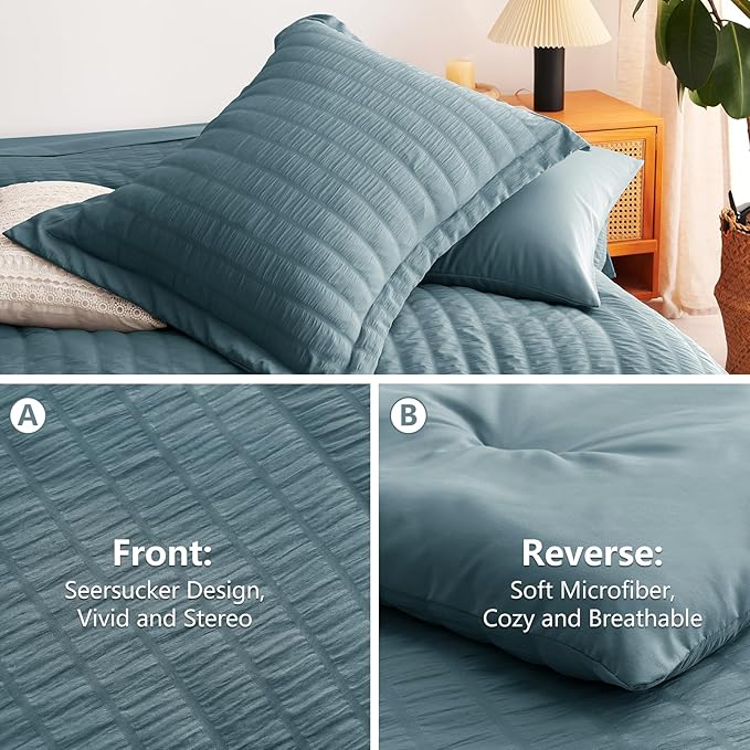 CozyLux Queen Comforter Set Mineral Blue Seersucker 7 Pieces Bed in a Bag Queen Comforter Set with Sheets, Luxury Bedding Set with Down Alternative Comforter, Sheets, Pillowcases & Shams All Seasons