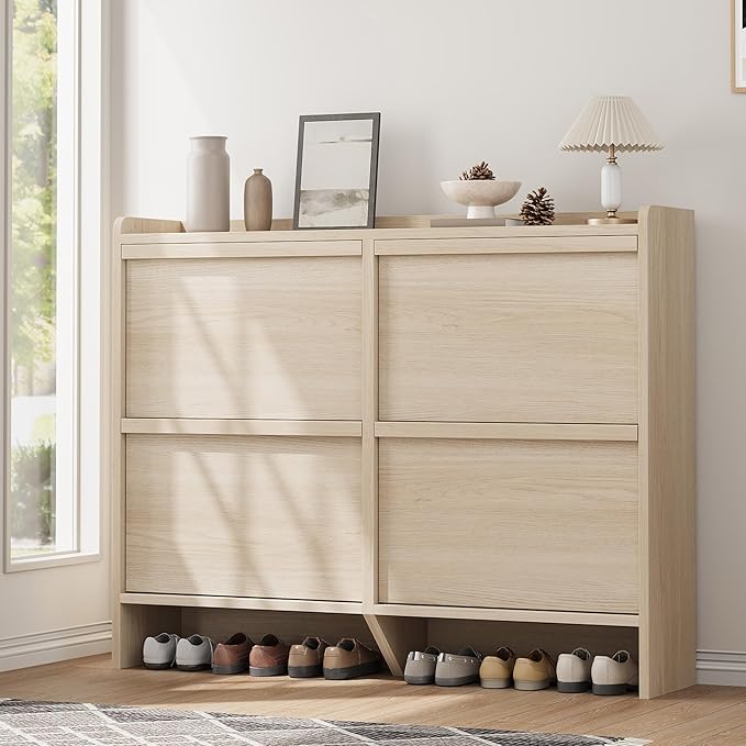 GarveeHome Shoe Cabinet with 4 Flip Drawers, Wooden Shoe Organizer Cabinet with Adjustable Shelf, Shoe Storage for Entryway, Hidden Shoe Cabinet for Hallway, Living Room, Natural Oak