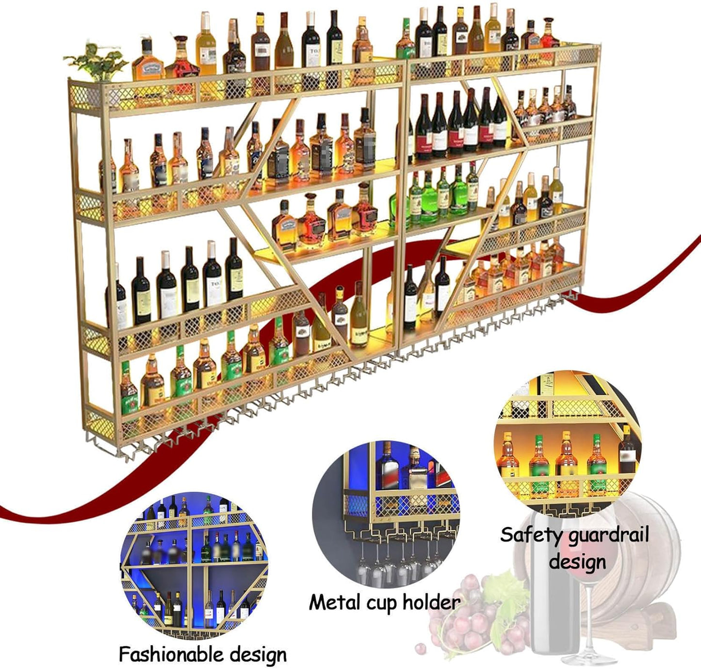 Wall Mounted Wine Rack with Glass Holder, 3-Tier Metal Storage Shelf, Black Diamond Design, Wine Bottle Display with Stemware Storage (Black, 94.48in/240)