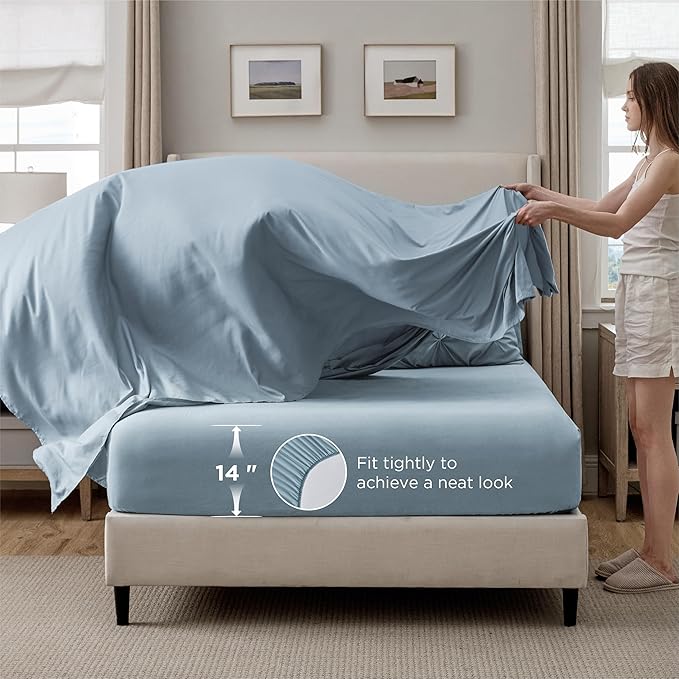 Bedsure Queen Comforter Set Light Blue - Bed in a Bag Queen Size Bedding 7 Pieces, GentleSoft™ Pintuck Bed Set Gift for Family, Pinch Pleat All Season Comforter with Sheets, Pillowcases & Shams